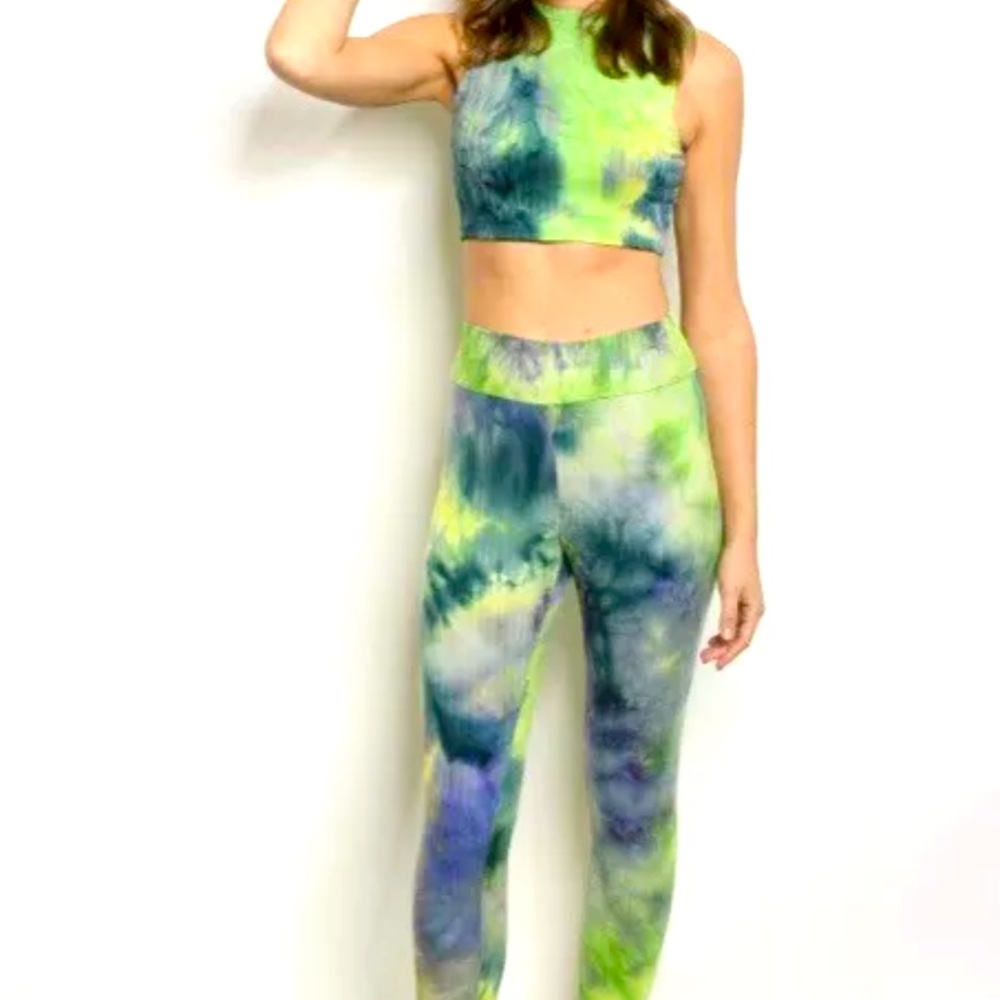 Knotted Back Green Tie Dye Top & Leggings Set